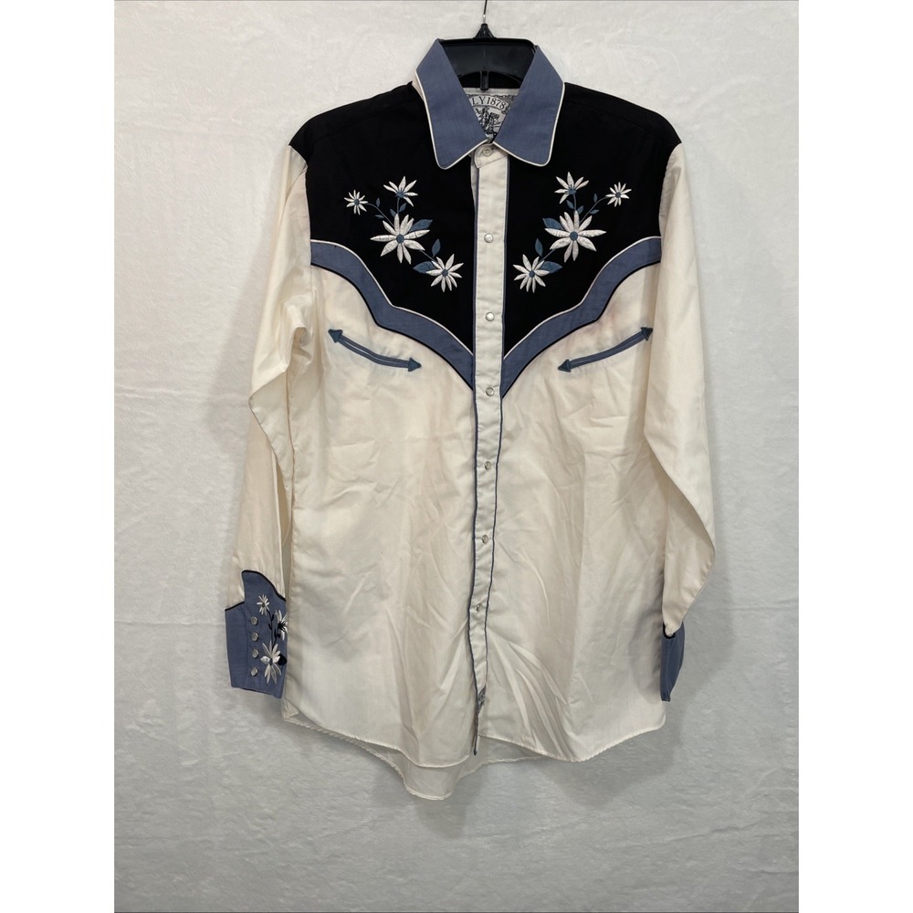 ELY 1878 Mens Western Ivory Embroidered Black Blue LS Shirt Pearl Snap Sz Medium